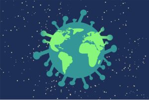 News & Announcements Illustration of Earth shaped like a virus symbolizing the global impact of a pandemic.