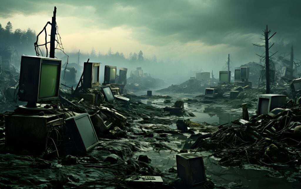 Environmental impact of improper e-waste management in India shown through discarded electronic waste in a polluted landscape.