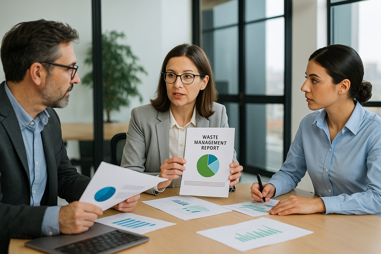 Consultants reviewing environmental compliance and sustainability reports during a waste advisory meeting
