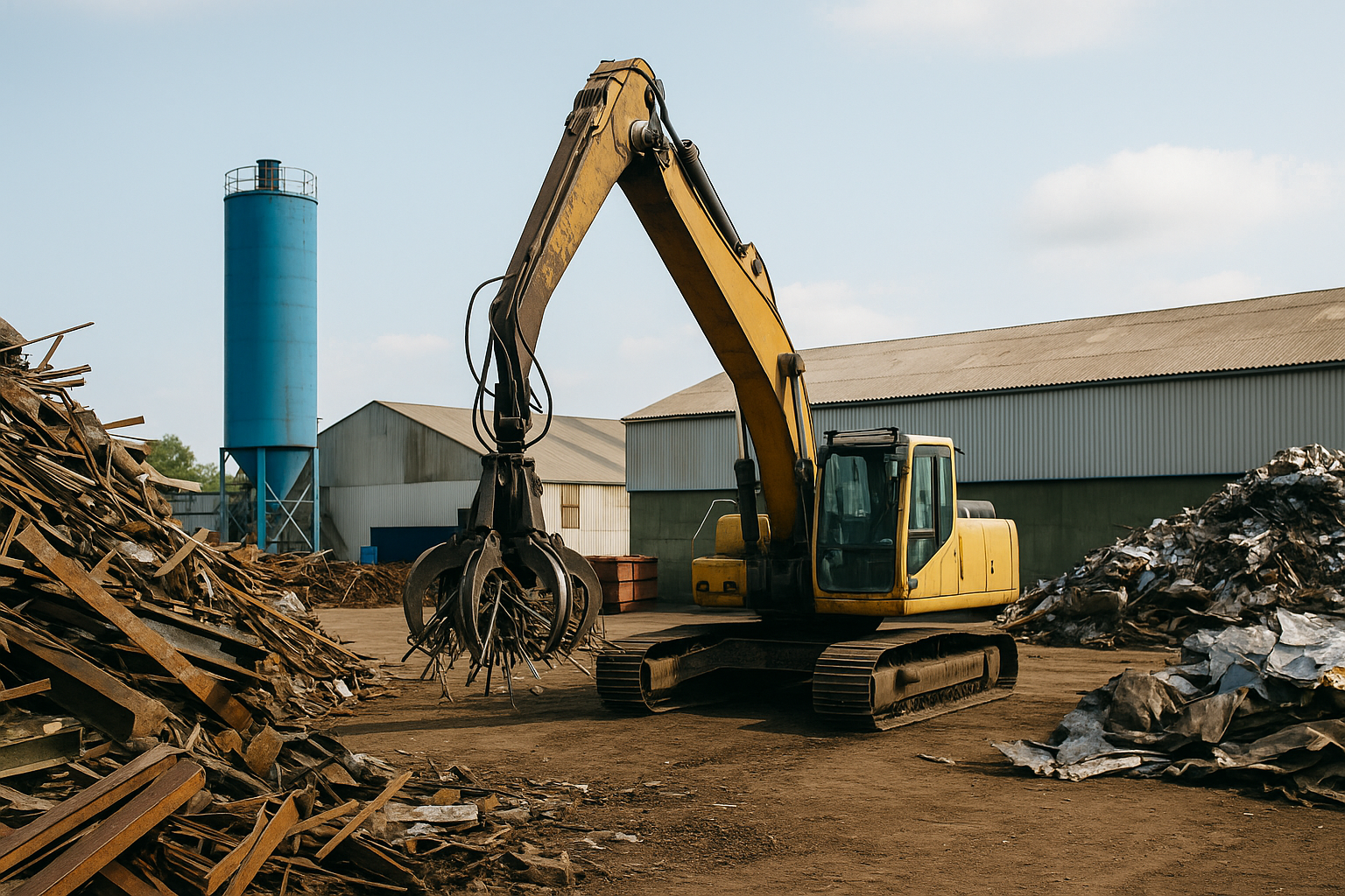 Excavator and machinery processing industrial scrap metal inside a recycling facility for waste disposal management
