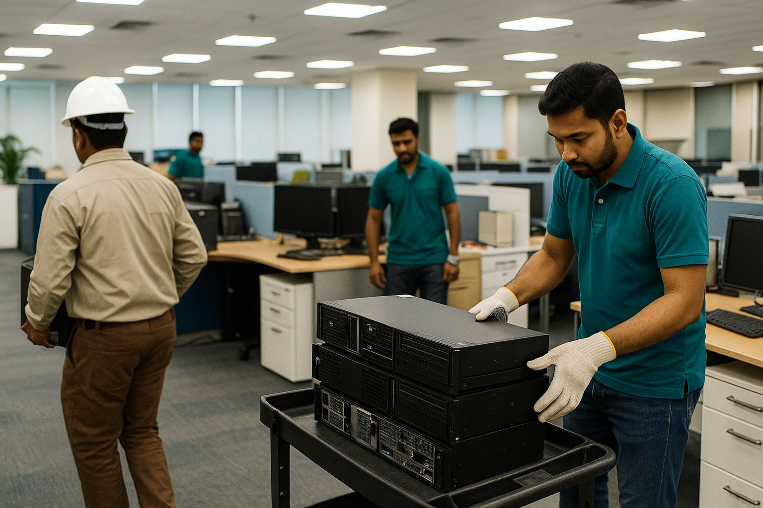 Workers decommissioning IT equipment during an office facility release and clearing servers for disposal