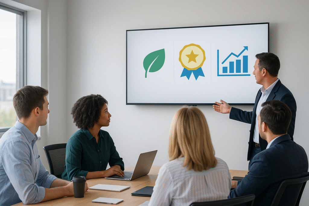 A team reviewing sustainability, award and industry update icons during a corporate meeting, representing news and announcement resources for companies.
