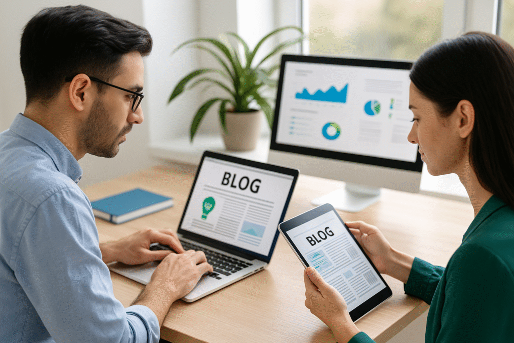 Two professionals reading blogs on laptop and tablet in a modern office, representing digital resources for companies.