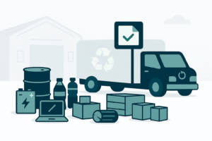 Illustration showing organized industrial waste items being collected by a recycling truck in front of a warehouse with a compliance approval tick, symbolizing verified waste disposal.