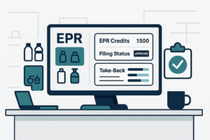 Illustration of a digital EPR dashboard showing credits, filing status, and take-back tracking with FMCG/OEM product icons and a compliance tick.